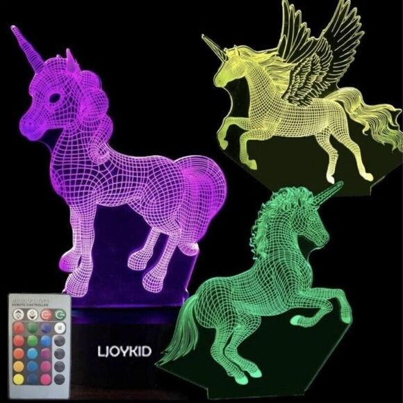 Ljoykid 3pcs 3D Unicorn Night Light 3 Patterns 7 Colors With Remote Control NIB - Picture 1 of 7